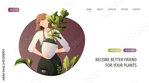 Woman with houseplant in a pot. Home garden, greenhouse, gardening, plant lover concept. Vector illustration for poster, banner, website.