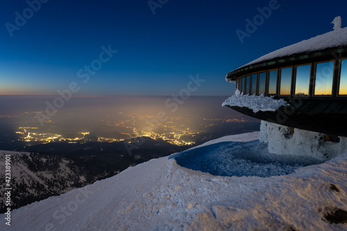 amazing view on Jeleniogorska valley from Sniezka mountains at evening in Karkonosze mountains in Poland photo