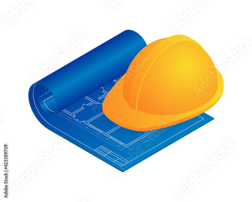 Isometric vector illustration blueprint floor plan the house and yellow worker hat isolated on white background. Realistic apartment floor plan blueprint and safety helmet icon in flat cartoon style.