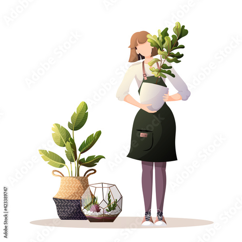 Woman with houseplant in a pot. Home garden, greenhouse, gardening, plant lover concept. Isolated vector illustration for poster, banner, cover, card.