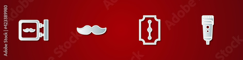 Set Barbershop, Mustache, Blade razor and Electrical hair clipper shaver icon. Vector