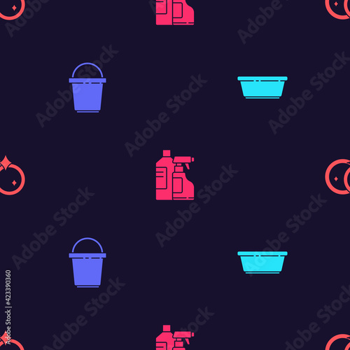 Set Plastic basin, Bucket, Bottles for cleaning agent and Washing dishes on seamless pattern. Vector