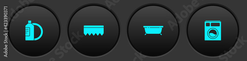 Set Dishwashing liquid bottle and plate, Sponge with bubbles, Bathtub and Washer icon. Vector