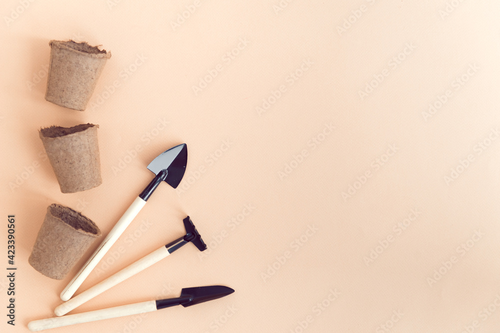 gardening tools flat lay beige background, copy space
