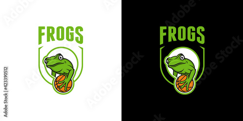 Basketball team logo with frog holding a ball in white background and shield - simple mascot design vector