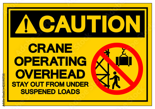 Caution Crane Operating Overhead Stay Out From Under Suspened Loads Symbol Sign, Vector Illustration, Isolate On White Background Label .EPS10