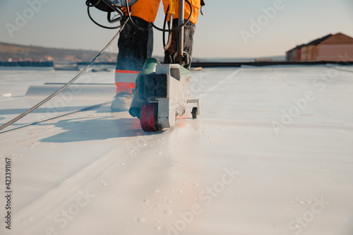 Obraz na płótnie Waterproofing and insulation at construction site, waterproofing membrane preventing water penetration