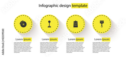 Set Car brake disk with caliper, Gear shifter, key remote and Engine piston. Business infographic template. Vector