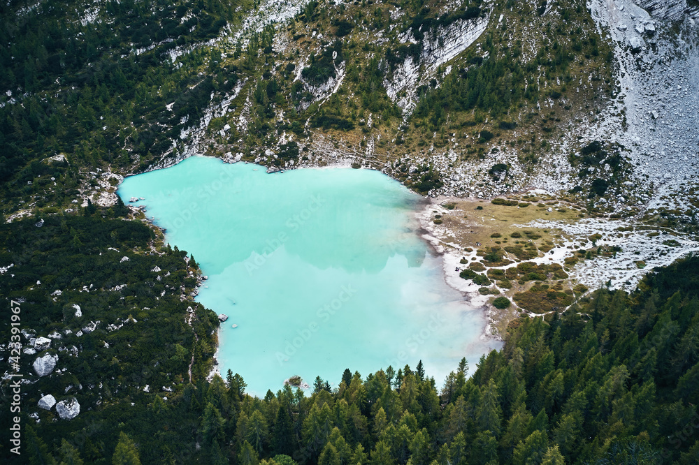 Sorapis lake in the dolomites italy shot with drone, aerial view