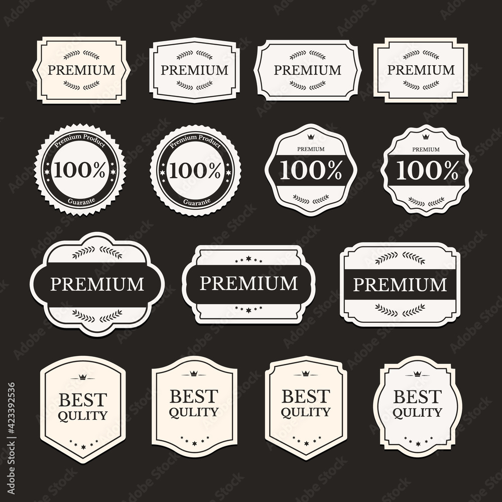 Set of mixed banners and label with premium and hundred percent guarantee text. Set of mixed banners and label with premium and hundred percent guarantee text.