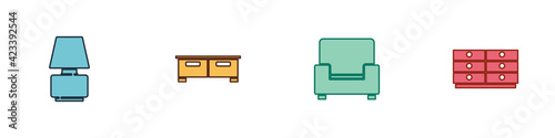 Set Table lamp, Chest of drawers, Armchair and icon. Vector