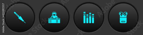 Set Audio jack, DJ playing music, Music equalizer and Air headphones box icon. Vector