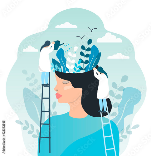 flat vector illustration on the topic of mental health. meditation. the head of a young girl from which flowers grow. doctors water these flowers. psychological help and support, therapy.