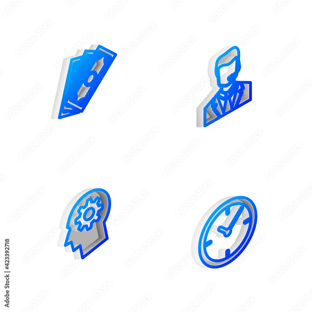 Set Isometric line Man with a headset, Stacks paper money cash, Human gear inside and Clock icon. Vector Set Isometric line Man with a headset, Stacks paper money cash, Human gear inside and Clock icon. Vector
