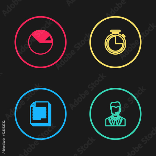 Set line Document, Man with a headset, Stopwatch and Pie chart infographic icon. Vector