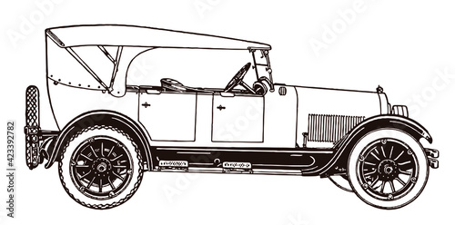 Vintage touring car with spare tire in side view
