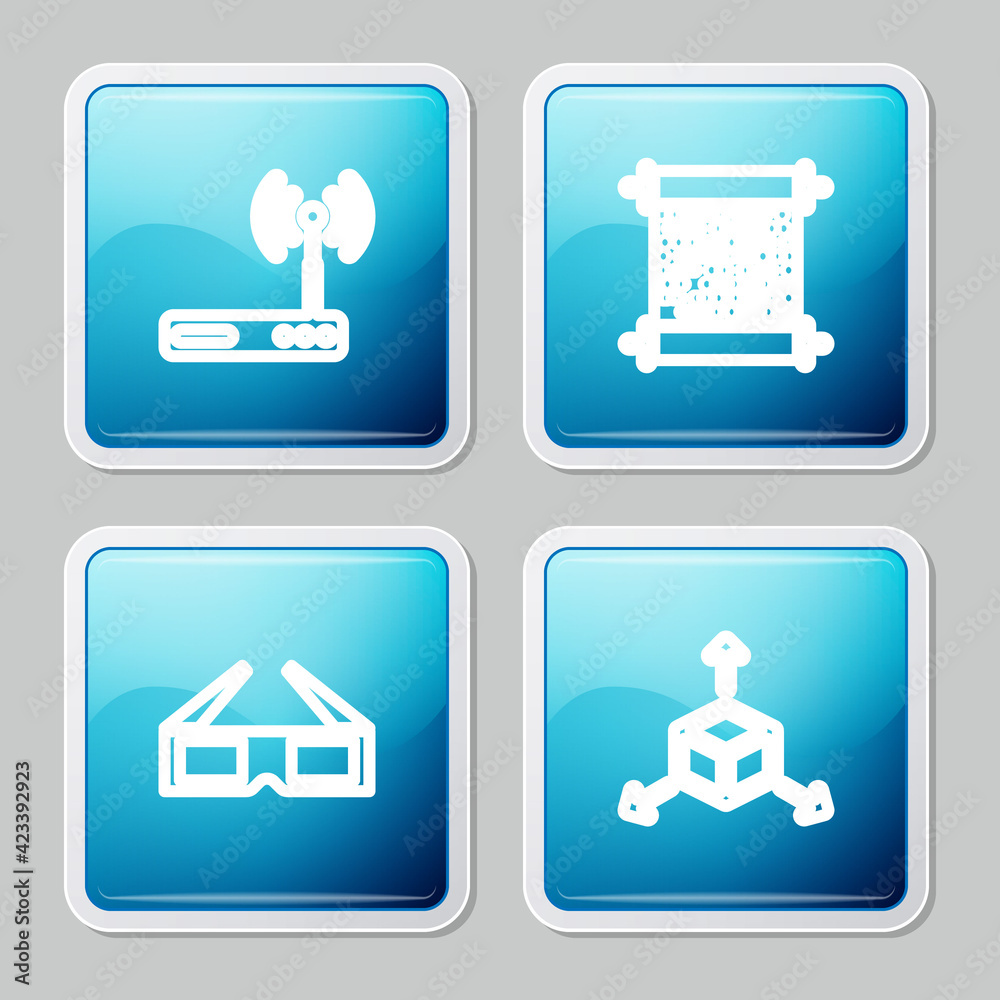 Set line Router and wi-fi, Paper scroll, 3D cinema glasses and Isometric cube icon. Vector Set line Router and wi-fi, Paper scroll, 3D cinema glasses and Isometric cube icon. Vector