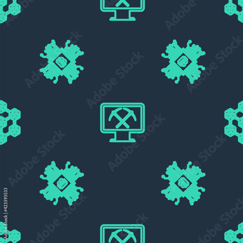 Set line Mining with monitor and pickaxe, CPU mining farm and Blockchain technology on seamless pattern. Vector