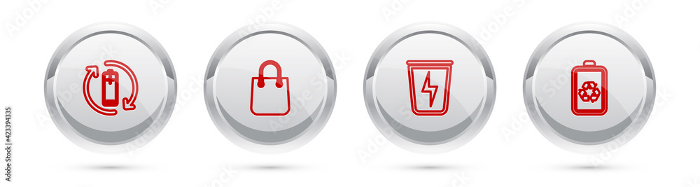 Set line Battery with recycle, Shopping bag, Lightning trash can and . Silver circle button. Vector Set line Battery with recycle, Shopping bag, Lightning trash can and . Silver circle button. Vector