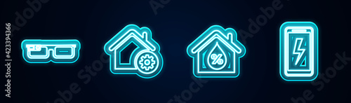Set line Smart glasses, home settings, House humidity and Mobile charging battery. Glowing neon icon. Vector