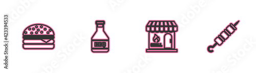 Set line Burger, Barbecue shopping building, Ketchup bottle and Grilled shish kebab icon. Vector