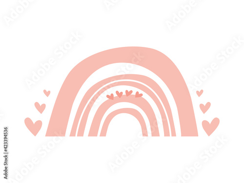 Hand drawn minimalist boho rainbow. Love pink cute rainbow for baby cards and posters. Stock vector illustration isolated on white background. Boho nursery rainbow print, for baby bedroom and playroom