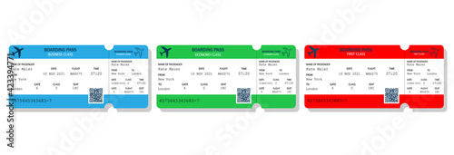 Realistic airline ticket set.Paper boarding pass isolated on white background.Concept of travel, journey or business trip.Ticket design with a passenger name.Economy class,business,first class.
