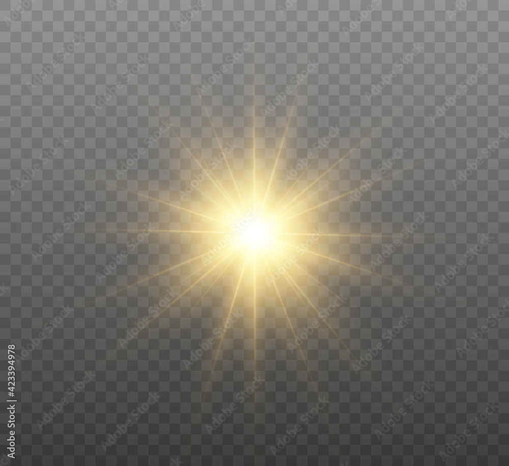 Yellow glowing light burst explosion with transparent. Vector illustration for cool effect decoration with ray sparkles. Bright star. Transparent shine gradient glitter, bright flare. Glare texture.