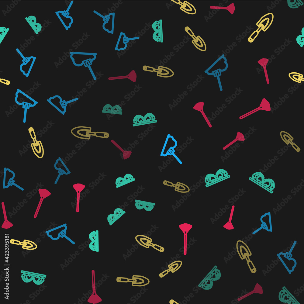 Set line Shovel in the ground, Automatic irrigation sprinklers, Garden trowel spade or shovel and rake for leaves on seamless pattern. Vector Set line Shovel in the ground, Automatic irrigation sprinklers, Garden trowel spade or shovel and rake for leaves on seamless pattern. Vector