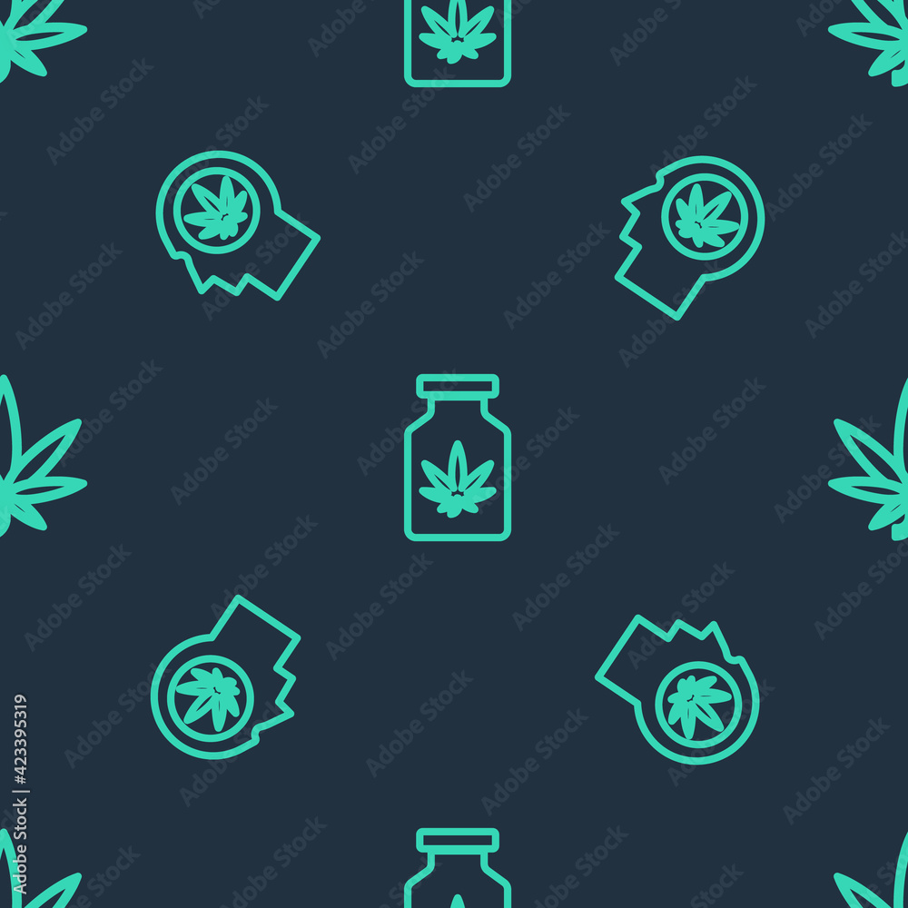 Set line Medical bottle with marijuana, Head in profile and Marijuana or cannabis leaf on seamless pattern. Vector Set line Medical bottle with marijuana, Head in profile and Marijuana or cannabis leaf on seamless pattern. Vector