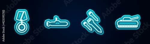 Set line Military reward medal, Submarine, Rocket and tank. Glowing neon icon. Vector