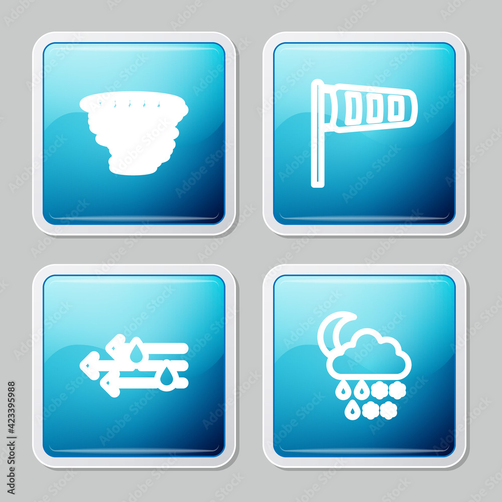 Set line Tornado, Cone meteorology windsock wind vane, Wind and rain and Cloud with snow, rain, moon icon. Vector Set line Tornado, Cone meteorology windsock wind vane, Wind and rain and Cloud with snow, rain, moon icon. Vector