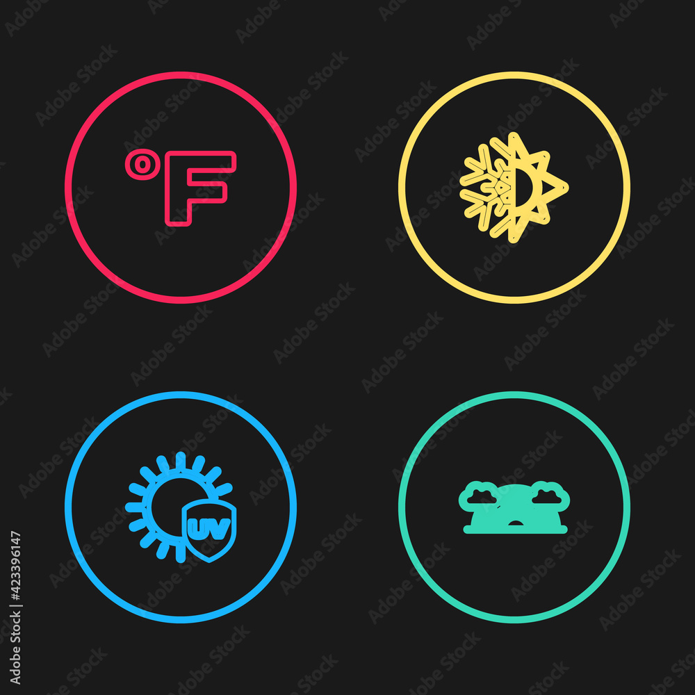 Set line UV protection, Rainbow with clouds, Sun and snowflake and Fahrenheit icon. Vector Set line UV protection, Rainbow with clouds, Sun and snowflake and Fahrenheit icon. Vector