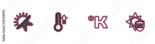 Set line Sun and snowflake, Kelvin, Meteorology thermometer and UV protection icon. Vector