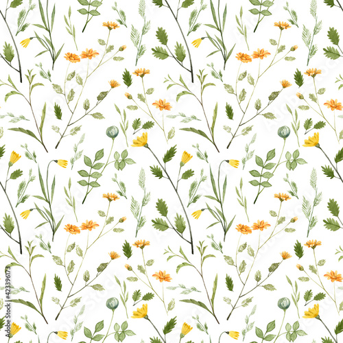 Seamless pattern with hand painted watercolor yellow flowers and leaves