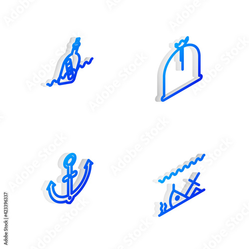 Set Isometric line Pirate sack, Bottle with message in water, Anchor and Sunken ship icon. Vector