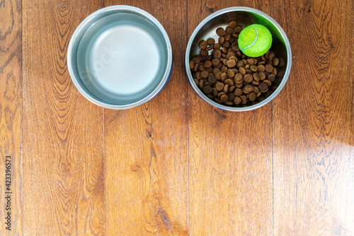 overhead view of dog food bowls with kibble on wood floors 