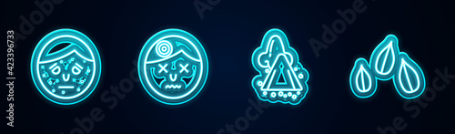 Set line Face with psoriasis or eczema, Man having headache, Runny nose and Sesame seeds. Glowing neon icon. Vector