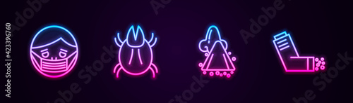 Set line Face in protective mask, Parasite mite, Runny nose and Inhaler. Glowing neon icon. Vector