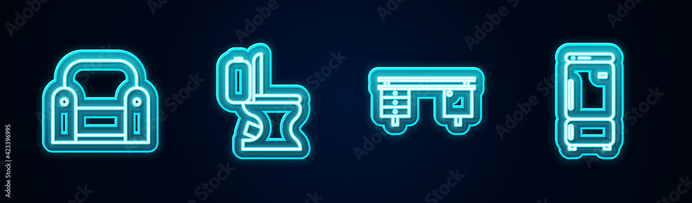 Set line Armchair, Toilet bowl, Office desk and Refrigerator. Glowing neon icon. Vector Set line Armchair, Toilet bowl, Office desk and Refrigerator. Glowing neon icon. Vector
