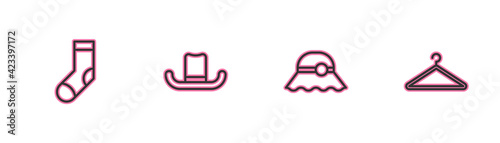 Set line Socks, Elegant women hat, Man and Hanger wardrobe icon. Vector