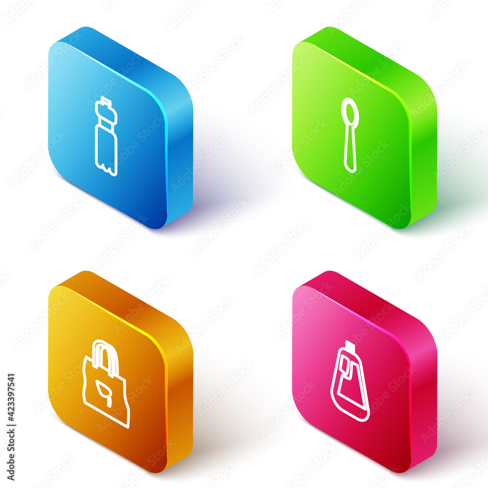Set Isometric line Bottle of water, Disposable plastic spoon, Shopping bag with recycle and for dishwashing liquid icon. Vector Set Isometric line Bottle of water, Disposable plastic spoon, Shopping bag with recycle and for dishwashing liquid icon. Vector