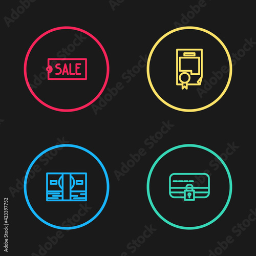 Set line Stacks paper money cash, Credit card with lock, Certificate template and Price tag text Sale icon. Vector