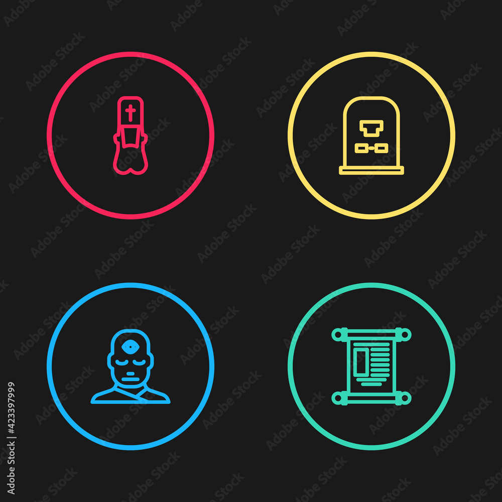 Set line Man with third eye, Decree, paper, parchment, scroll, Tombstone RIP written and Priest icon. Vector Set line Man with third eye, Decree, paper, parchment, scroll, Tombstone RIP written and Priest icon. Vector