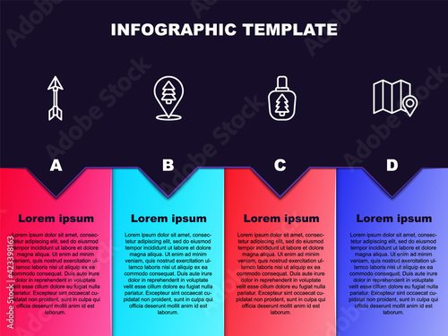 Set line Hipster arrow, Location of the forest, Canteen water bottle and map. Business infographic template. Vector