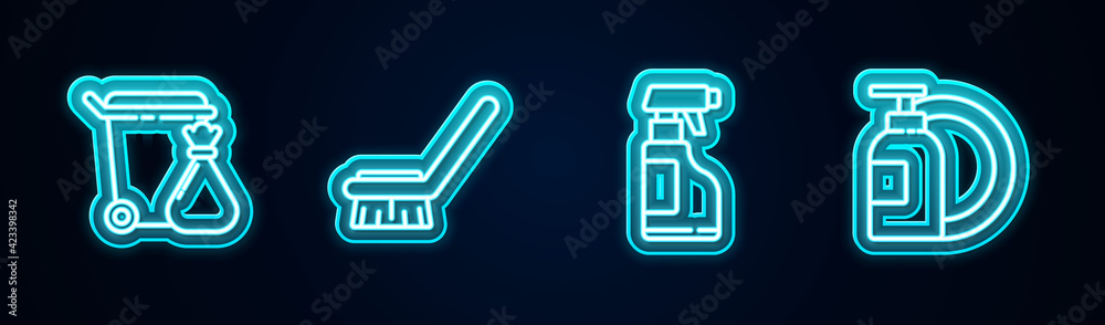 Set line Trash can and garbage bag, Brush for cleaning, Spray bottle with detergent liquid and Dishwashing plate. Glowing neon icon. Vector Set line Trash can and garbage bag, Brush for cleaning, Spray bottle with detergent liquid and Dishwashing plate. Glowing neon icon. Vector