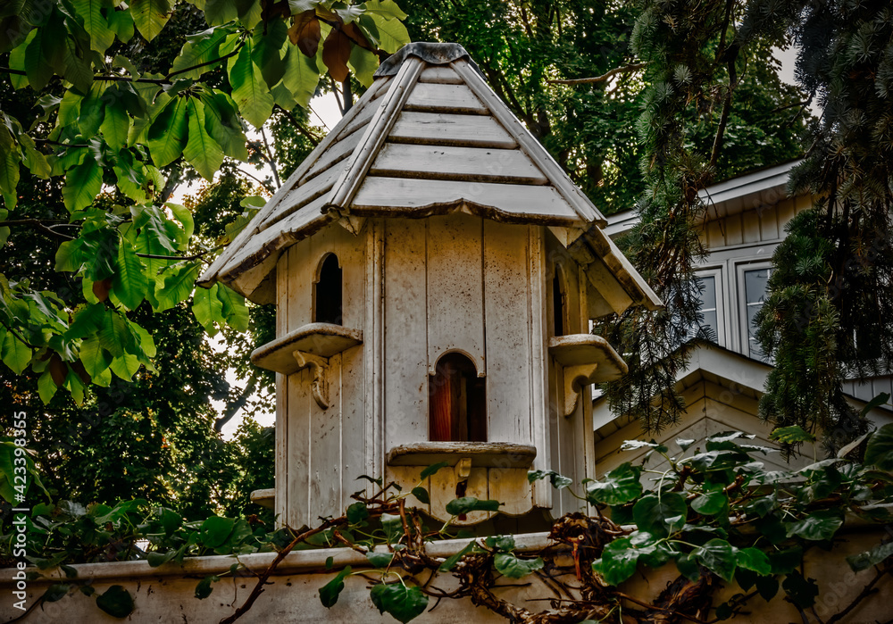 Antique wooden white Vctorian birdhouse is framed by trees and vines on a summer afternoon Antique wooden white Vctorian birdhouse is framed by trees and vines on a summer afternoon
