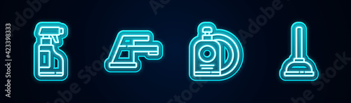 Set line Spray bottle with detergent liquid, Water tap, Dishwashing and plate and Rubber plunger. Glowing neon icon. Vector