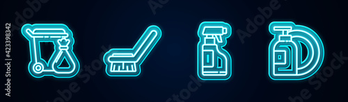 Set line Trash can and garbage bag, Brush for cleaning, Spray bottle with detergent liquid and Dishwashing plate. Glowing neon icon. Vector