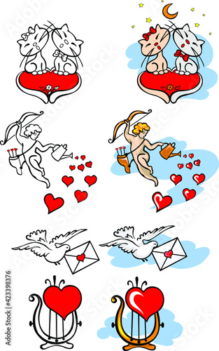 set of hand-held drawings of Valentine's Day 
Items for design and postcards Angel Cupid, Hearts, Harp, Pigeon with Letter, Cats Pare beloved
